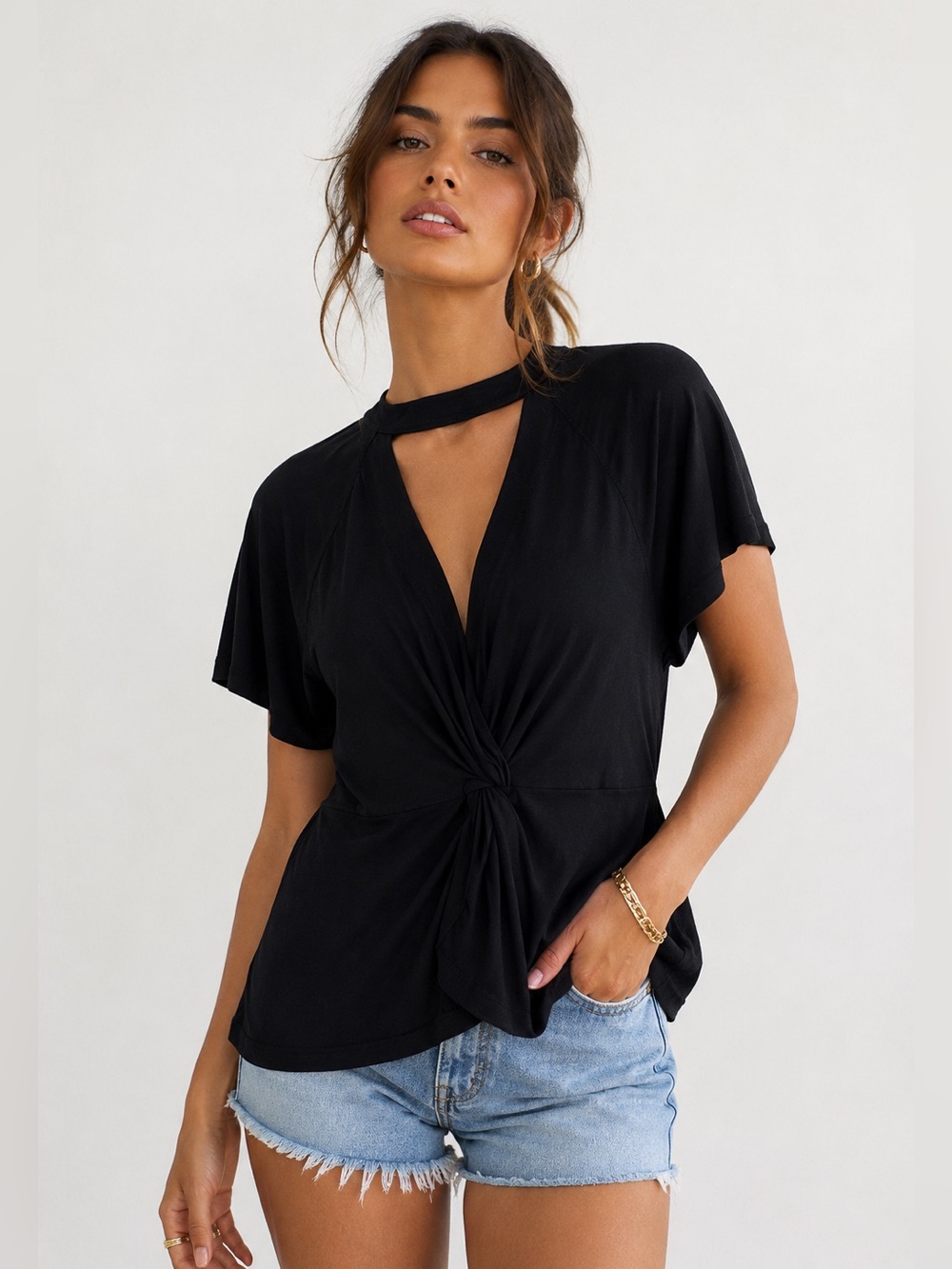 Free People Just a Twist Tie Front Top Black Cutout Neck Blouse Boho